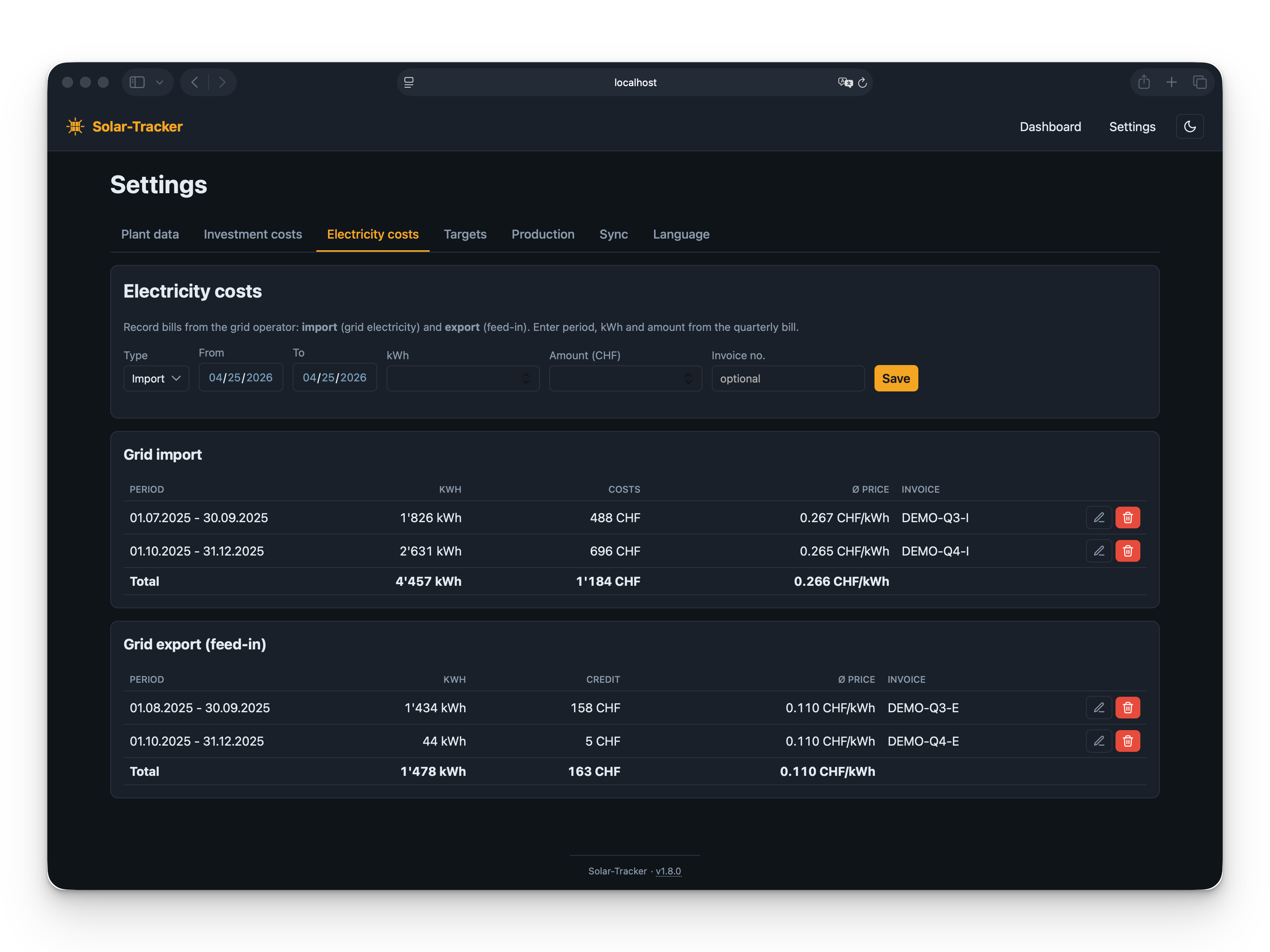 Settings - Electricity bills (import/export)