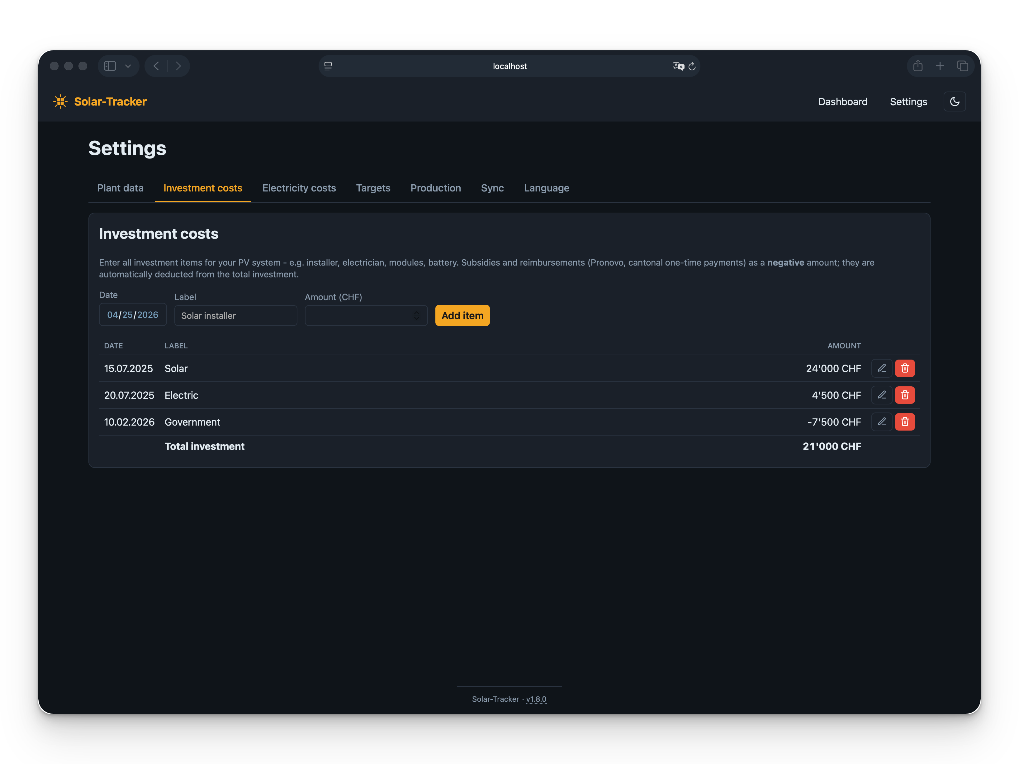 Settings - Investment costs