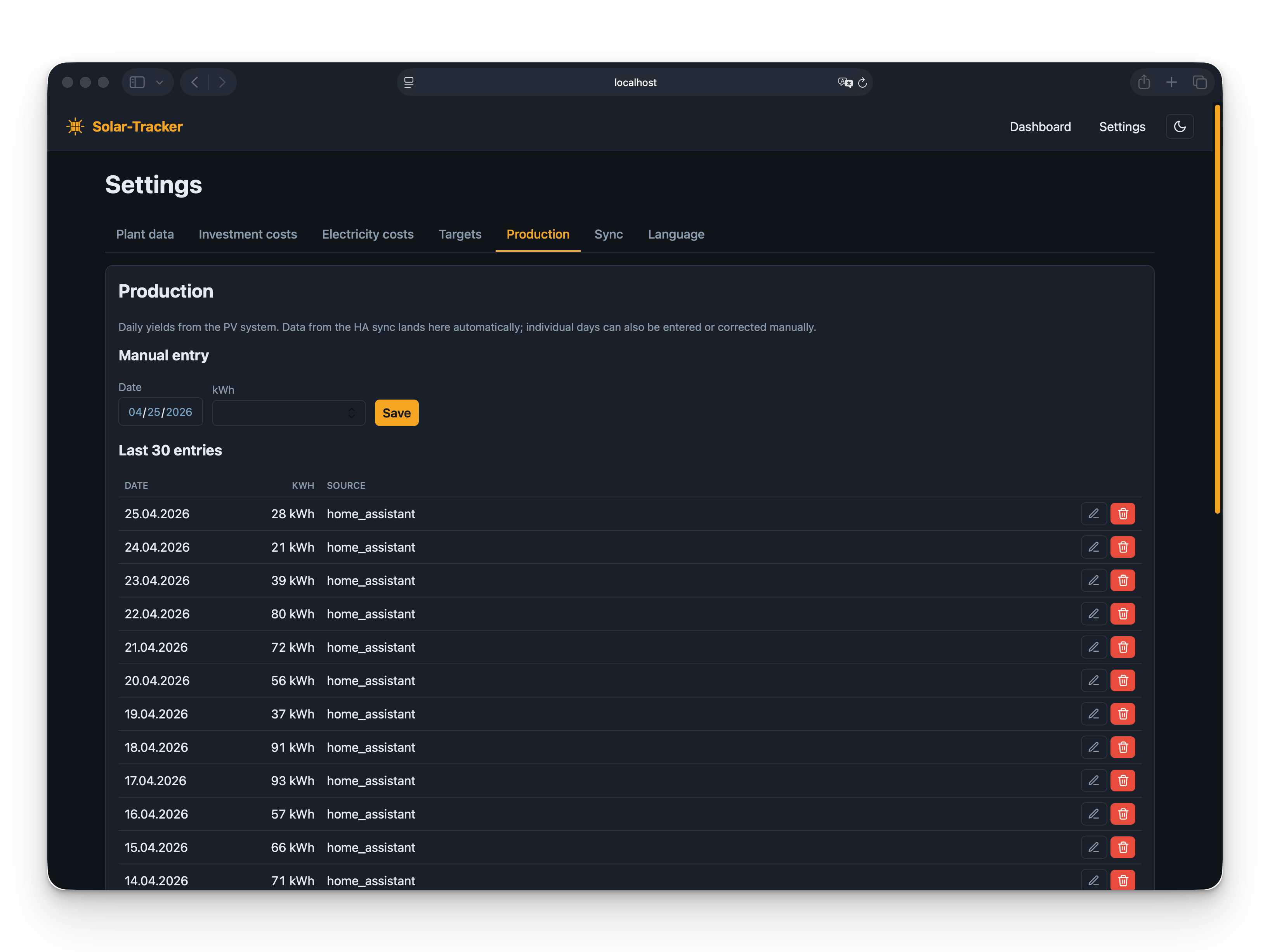 Settings - Production entries