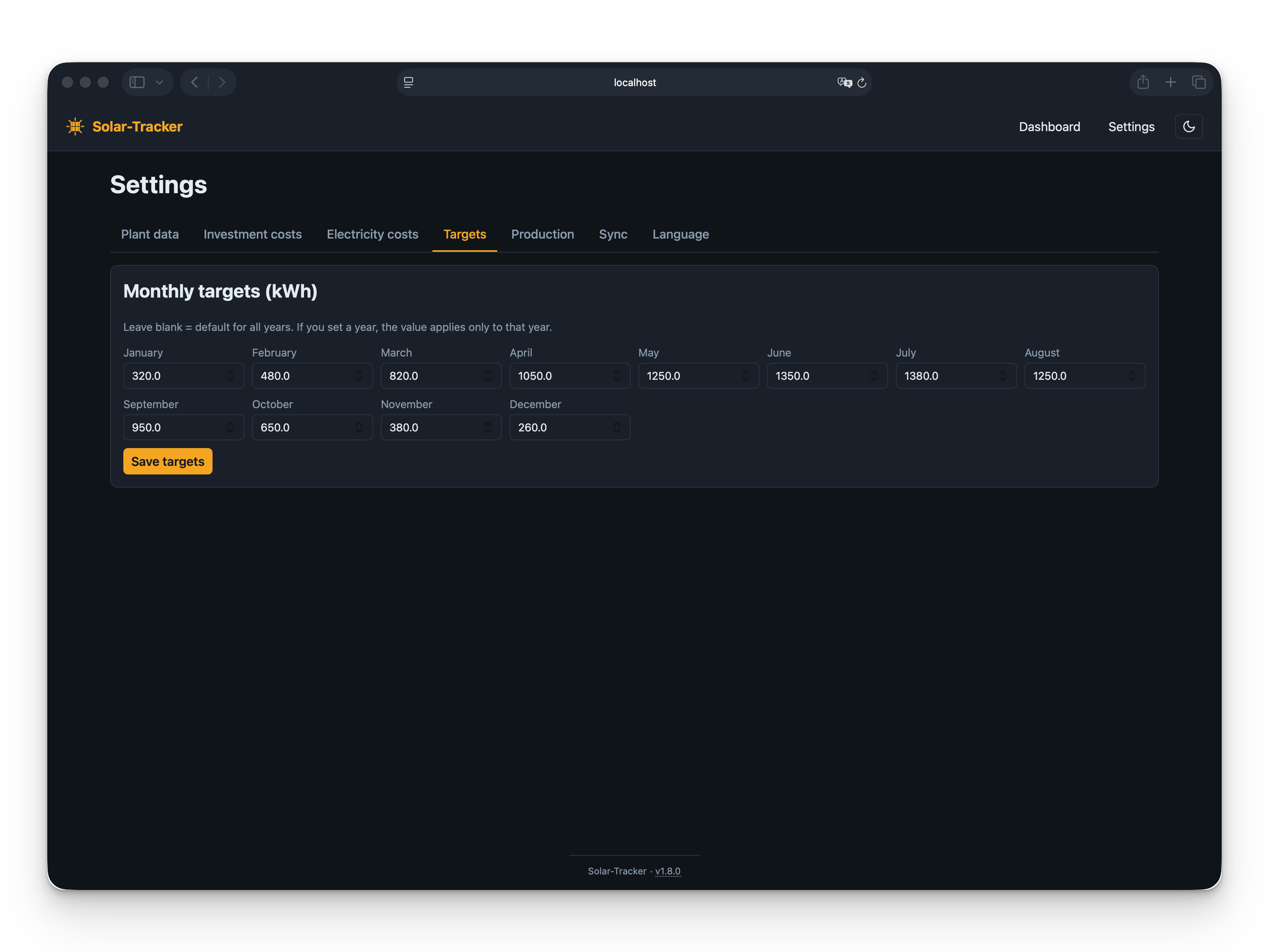 Settings - Monthly targets